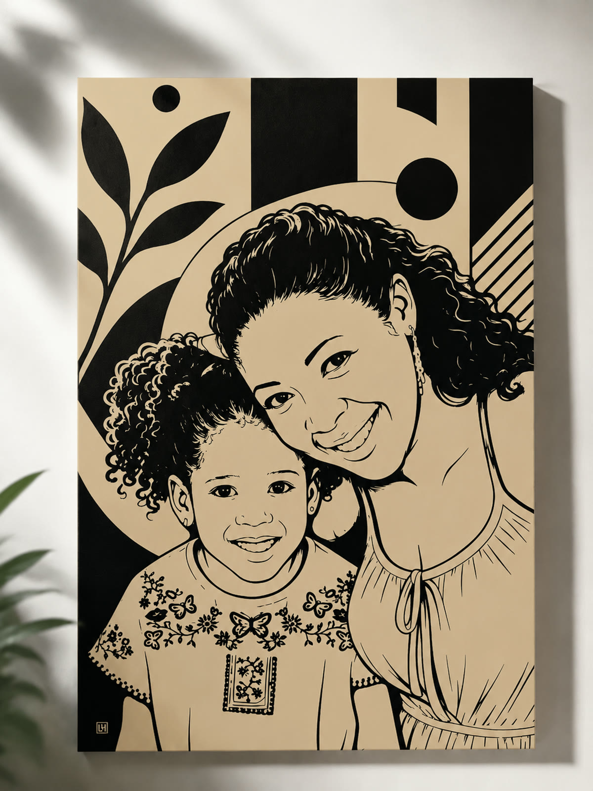 Quadro personalizado com ilustração autoral em preto e bege de mãe e filho