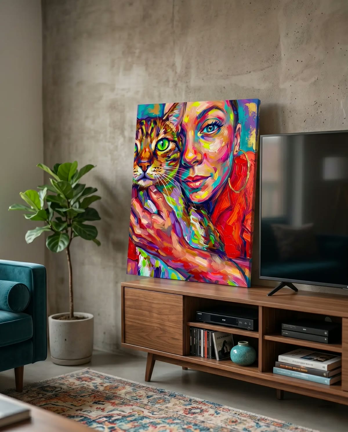 Quadro personalizado colorido com ilustração de mulher e gato em sala de estar