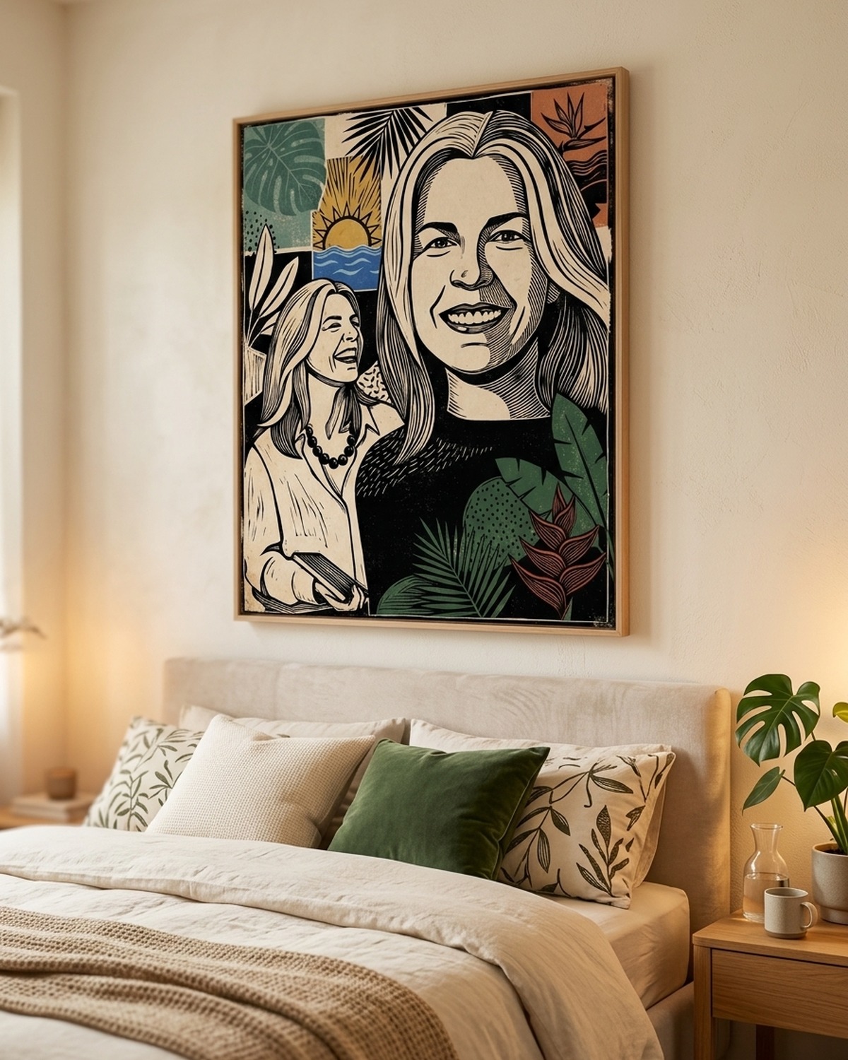 Quadro personalizado com ilustração de duas mulheres e folhagem tropical em decoração de quarto